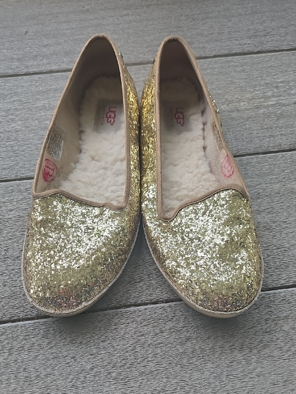 UGG Gold Glitter Slip-On Flats with Shearling Lining Size 8